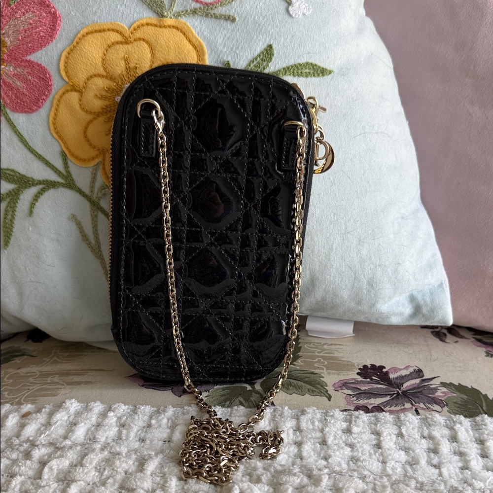 Dior Black Patent Mini Crossbody Bag with Gold Chain